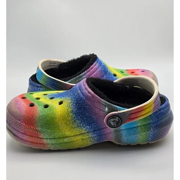 Crocs Kids Classic Lined Clog Rainbow Tie Dye Fur Slip On Shoes Size C10 - Picture 6 of 8